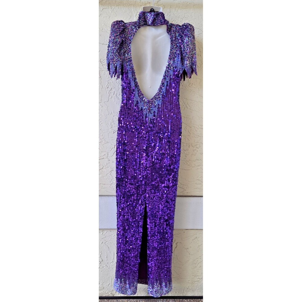 RARE CACHE Vtg 80s Purple Silk Sequin Gown Dress 10 Pageant Dynasty Angel Winged - Picture 3 of 16